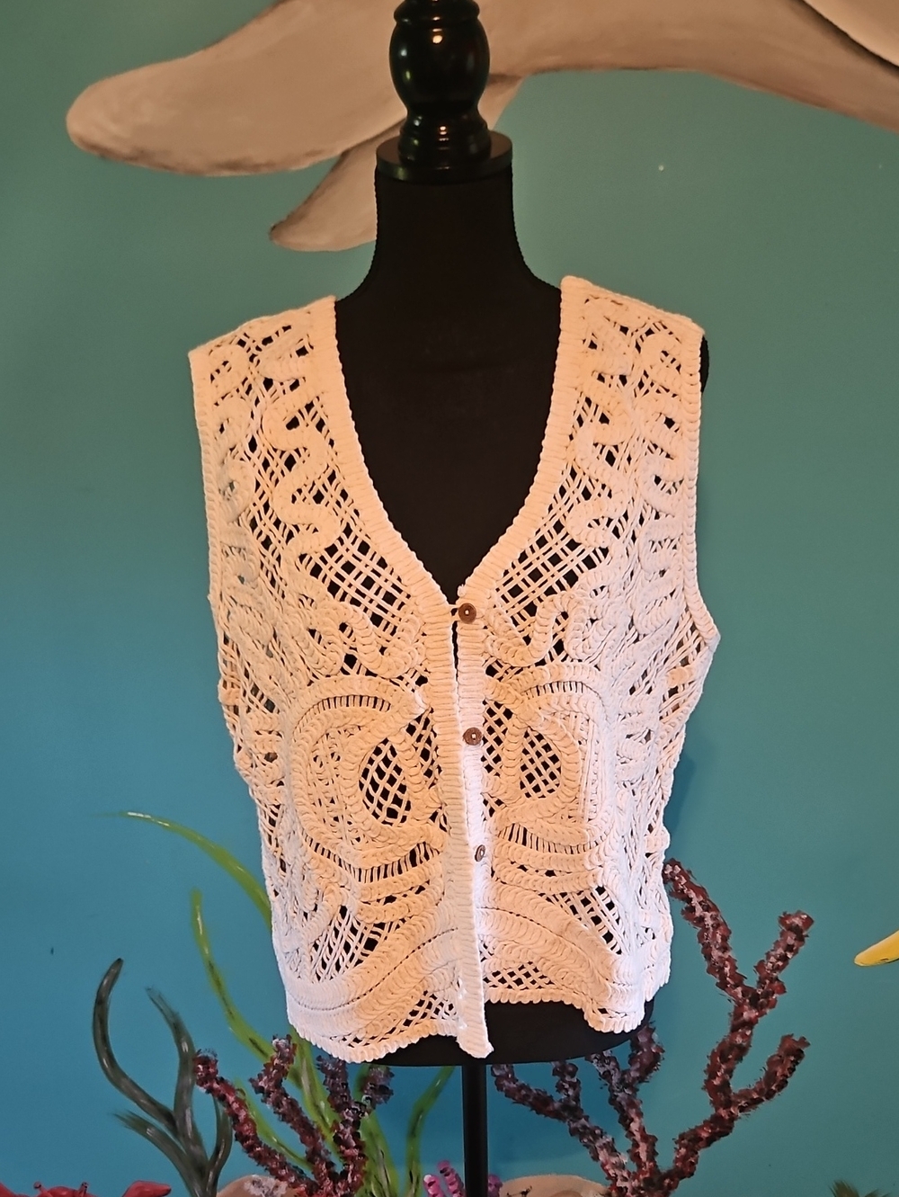 Crocheted Openwork Button-Front Vest in Cream